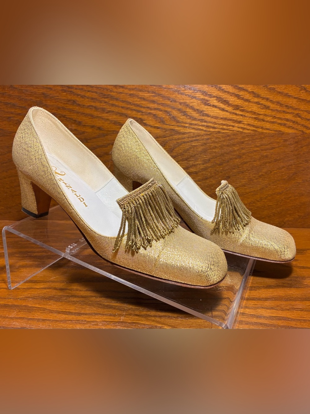 Vintage Rinaldi for Montaldo’s Gold Fringe Block Heel Pumps Size 7A Narrow